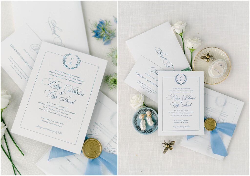 detail photo of my invitations and rings | Granary at Valley Pike