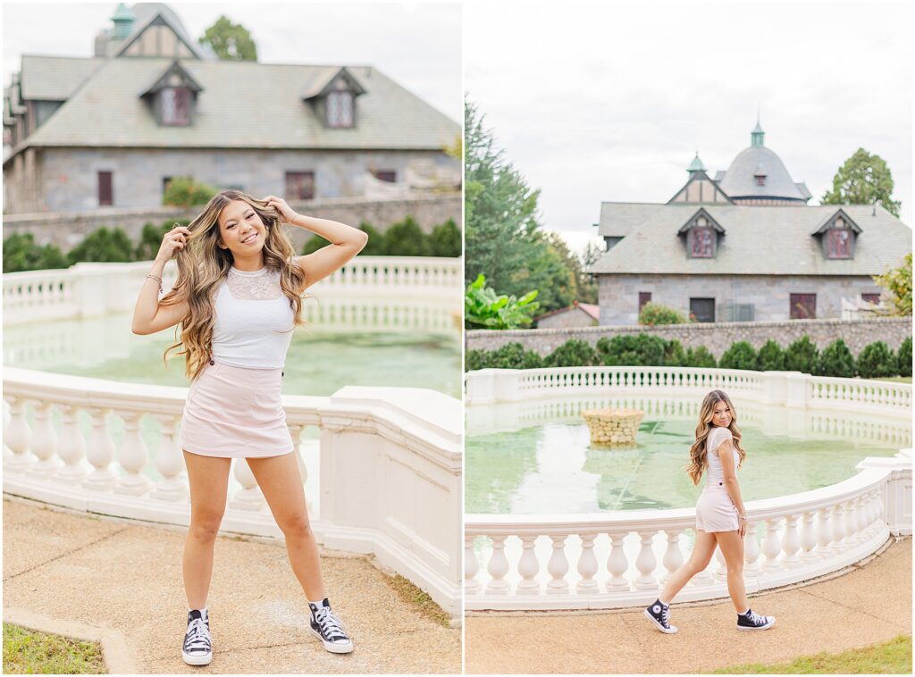 trendy senior pictures at Maymont in Richmond, VA at the fountain