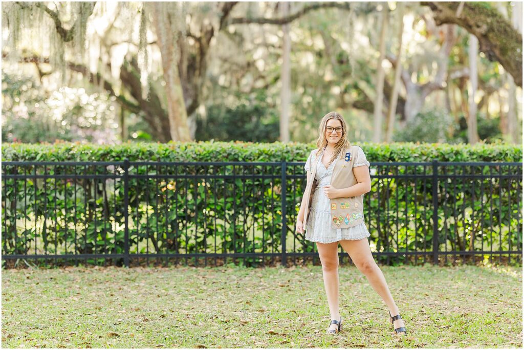 Girl Scouts senior pictures in St. Augustine garden with spanish moss and azaleas