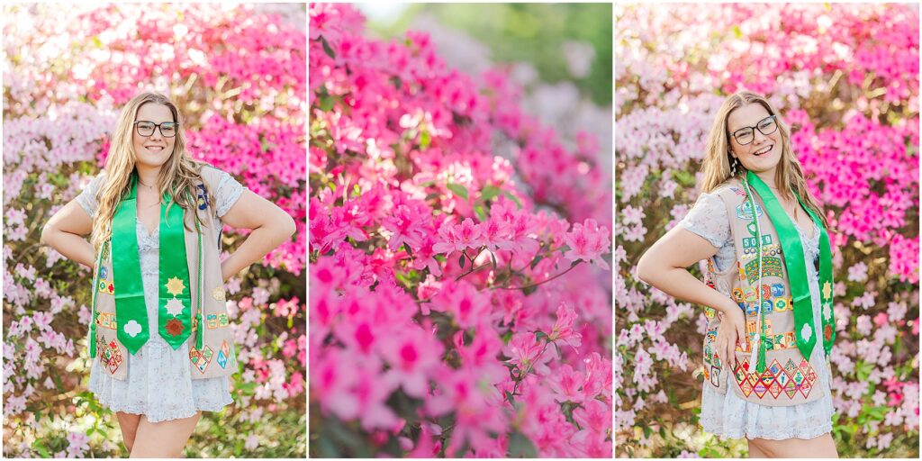 Girl Scouts senior pictures in St. Augustine garden with spanish moss and azaleas