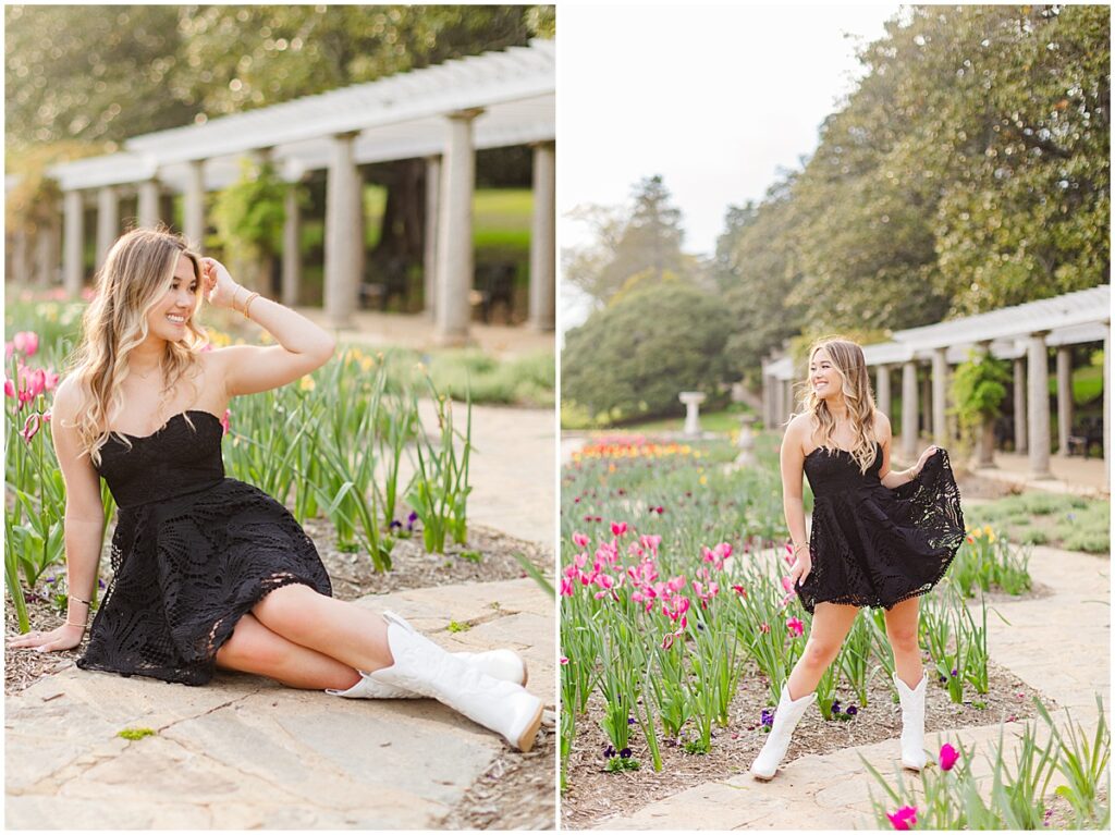 Spring Senior Session at Maymont Park | black dress and white boots in Italian Garden