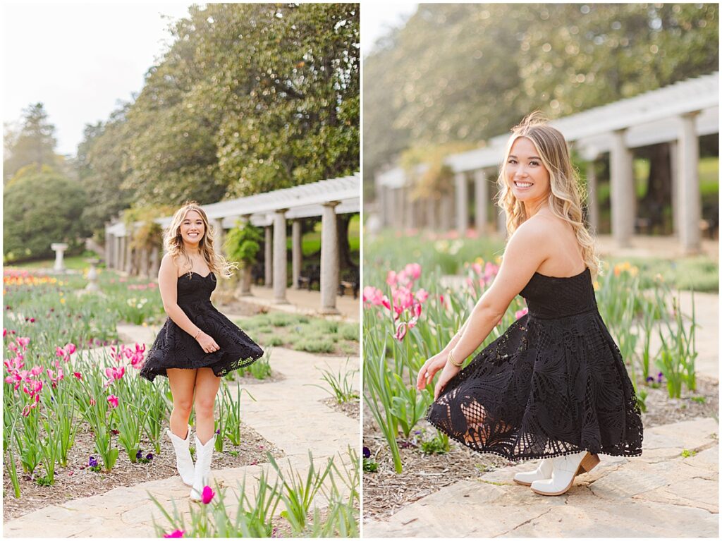 Spring Senior Session at Maymont Park | black dress and white boots in Italian Garden