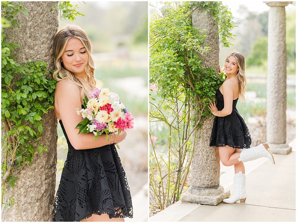 Spring Senior Session at Maymont Park | black dress and white boots in Italian Garden