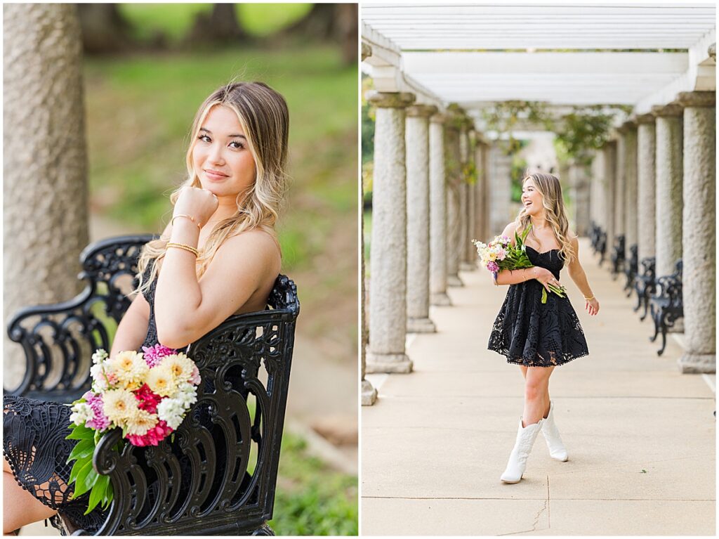 Spring Senior Session at Maymont Park | black dress and white boots in Italian Garden