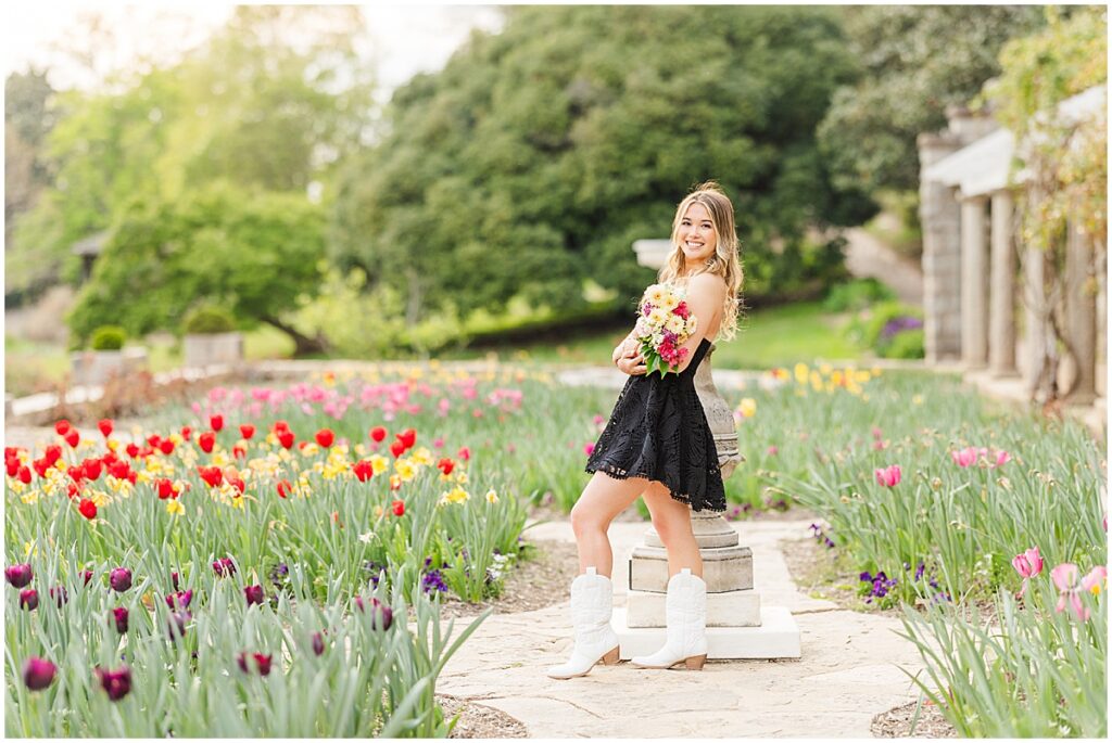 Spring Senior Session at Maymont Park | black dress and white boots in Italian Garden