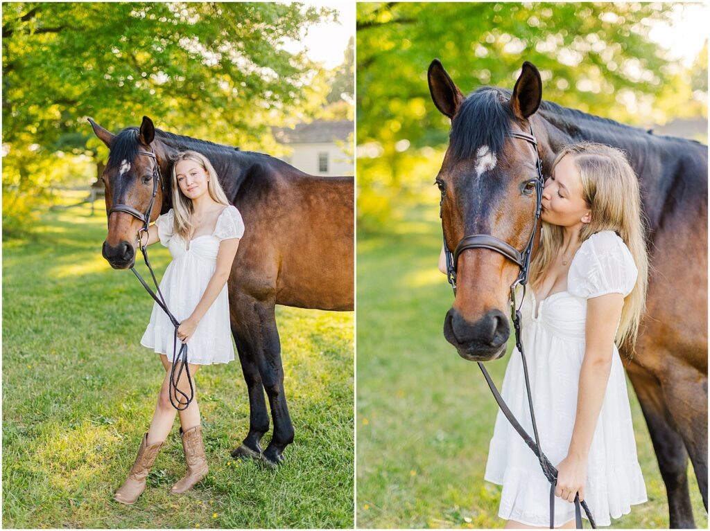 senior pictures with her horse at golden hour on her farm