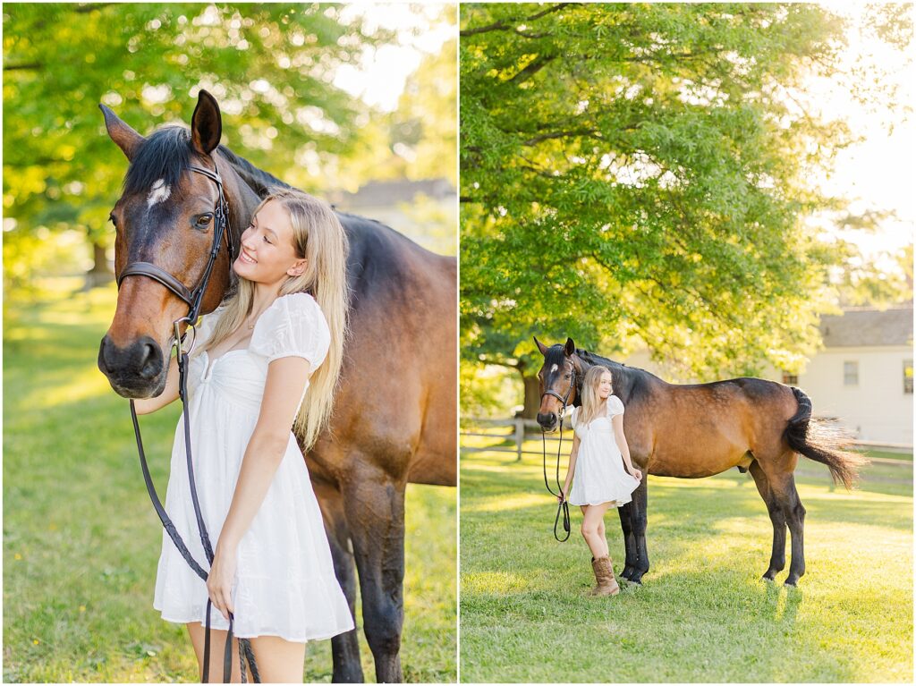 senior pictures with her horse at golden hour on her farm