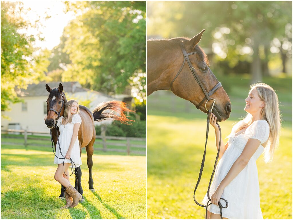 senior pictures with her horse at golden hour on her farm