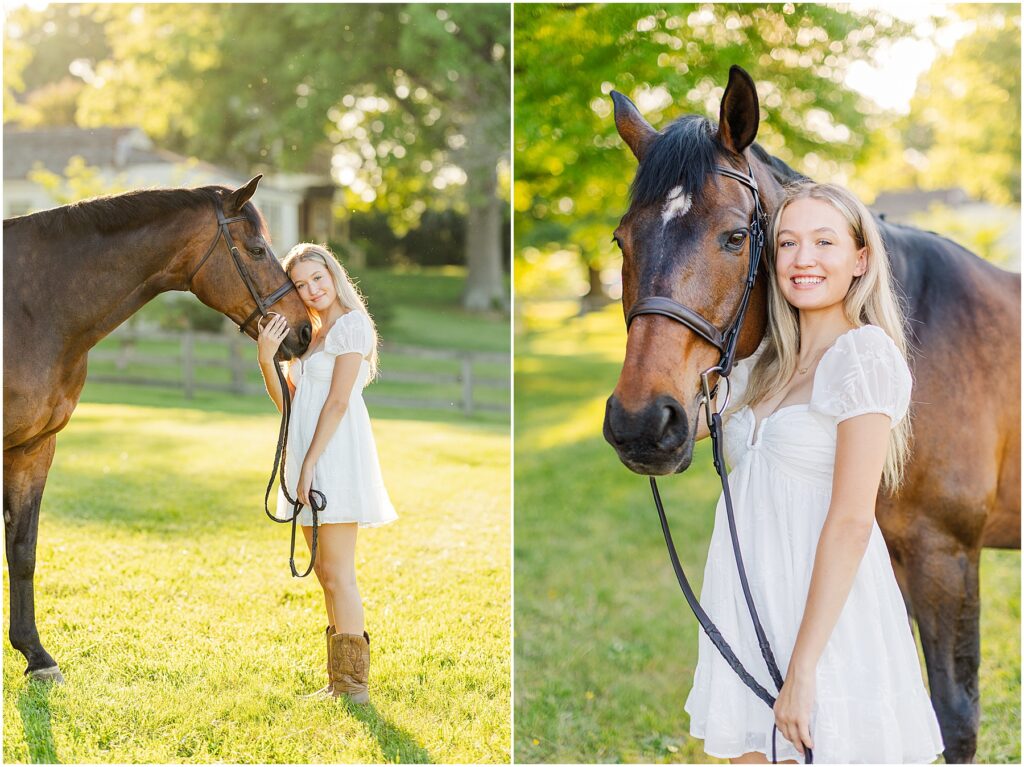 senior pictures with her horse at golden hour on her farm