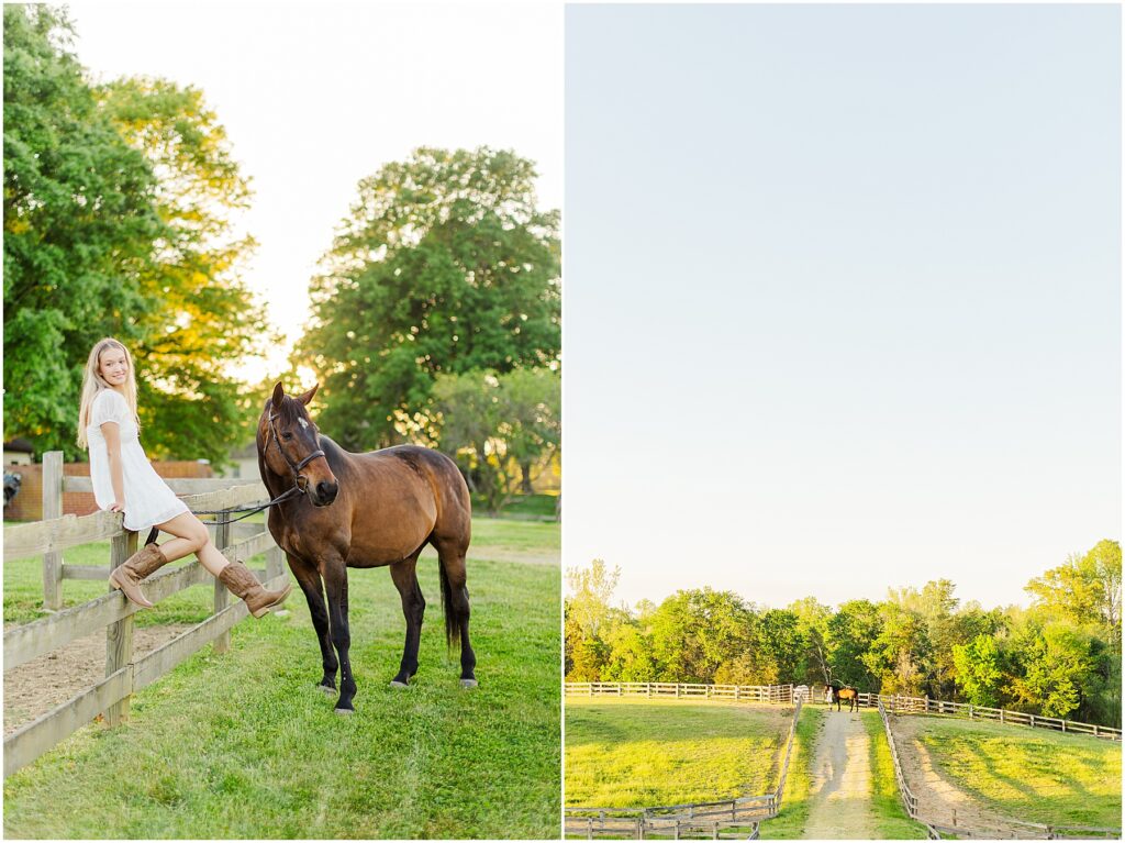 senior pictures with her horse in a wide open field