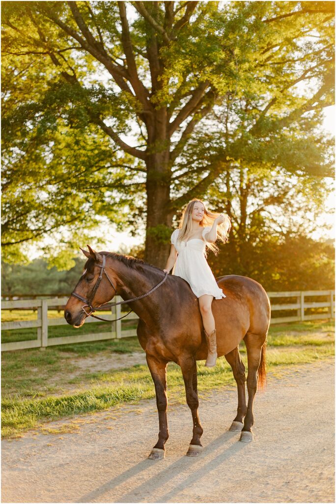 equestrian senior pictures in fredericksburg at golden hour