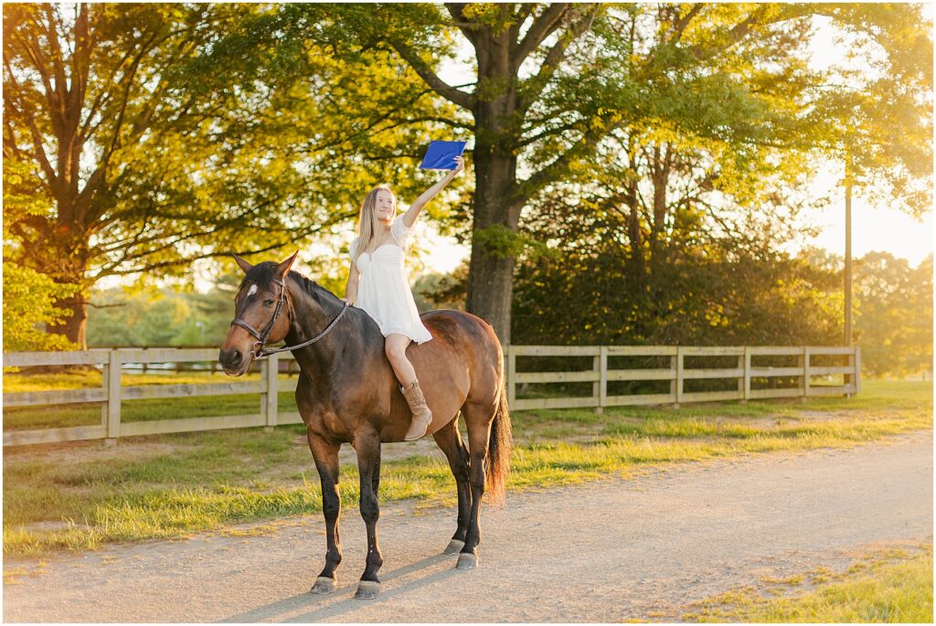 equestrian senior pictures in fredericksburg at golden hour