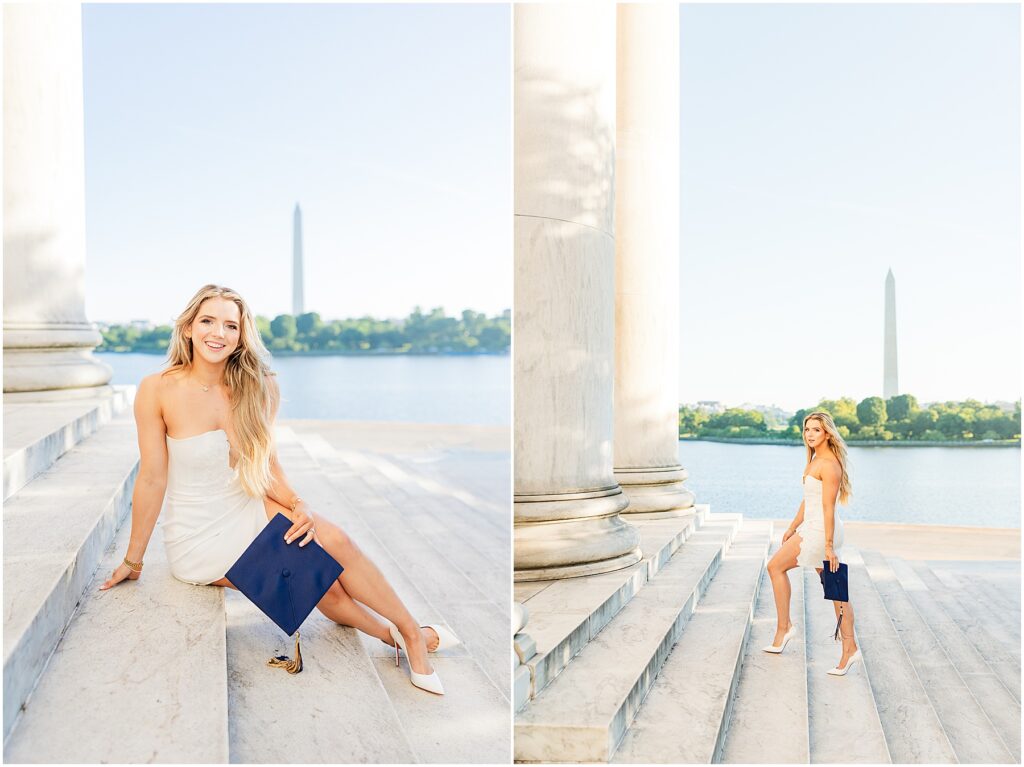 GWU grad pictures on the steps of the Jefferson Memorial