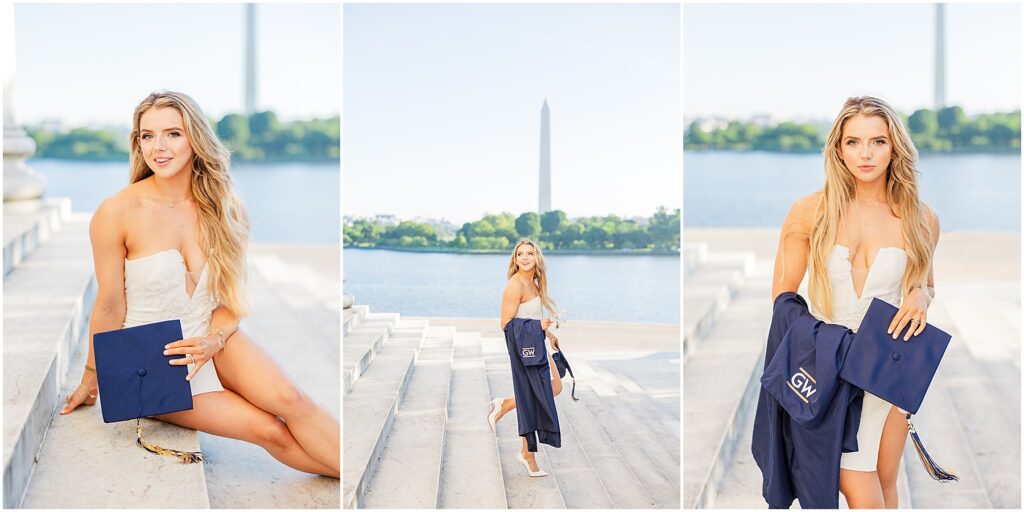 GWU grad pictures on the steps of the Jefferson Memorial