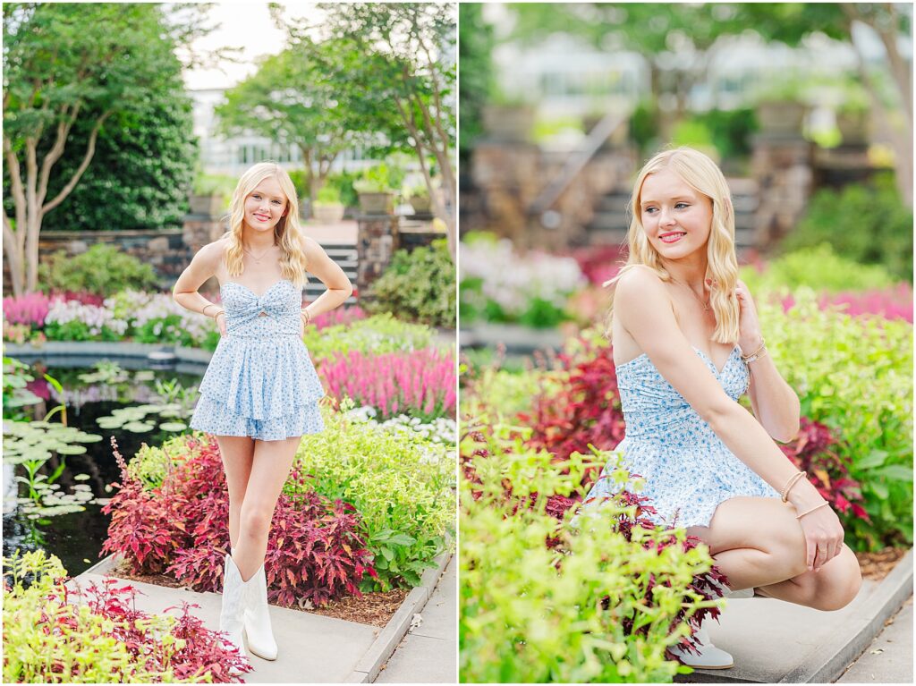 blue romper and white cowgirl boots at pond at Lewis Ginter Botanical Gardens for a summer senior session