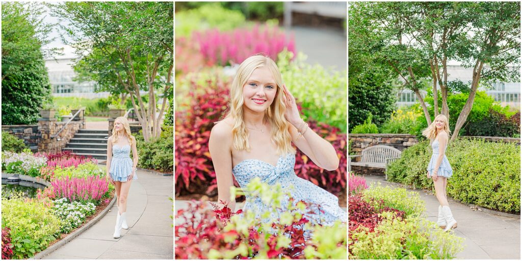 blue romper and white cowgirl boots at pond at Lewis Ginter Botanical Gardens for a summer senior session