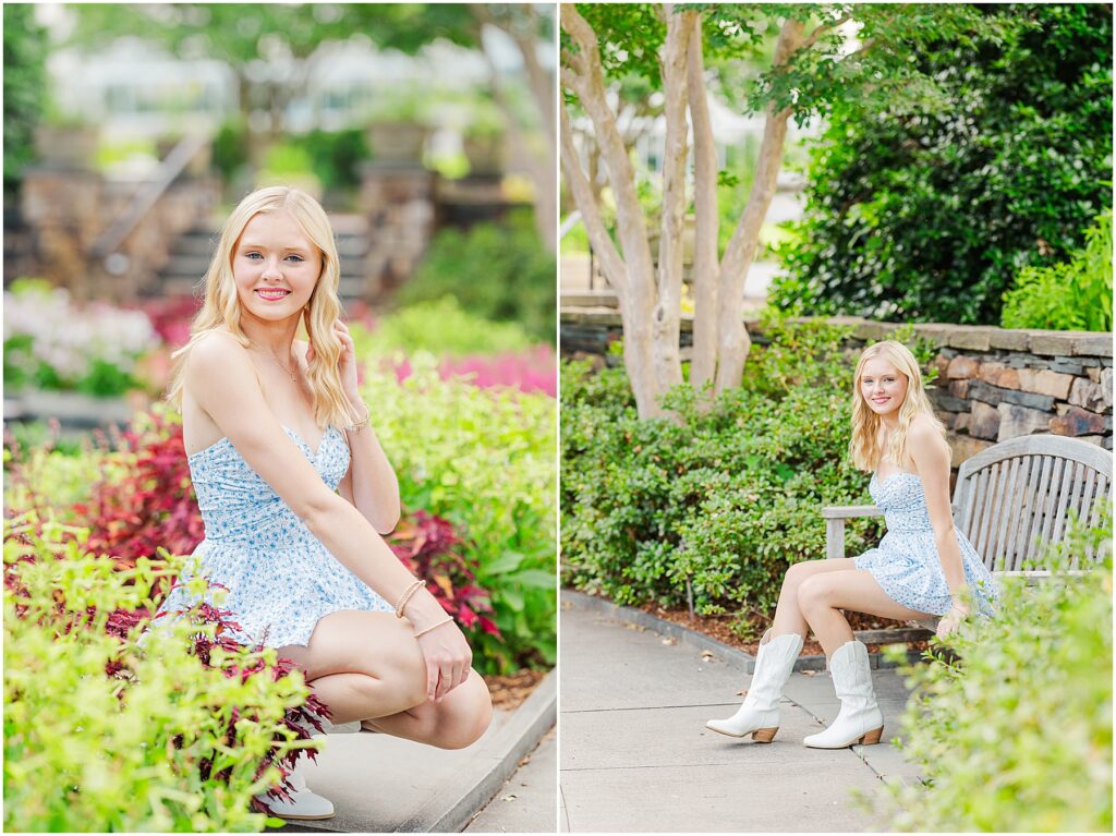 blue romper and white cowgirl boots at pond at Lewis Ginter Botanical Gardens for a summer senior session