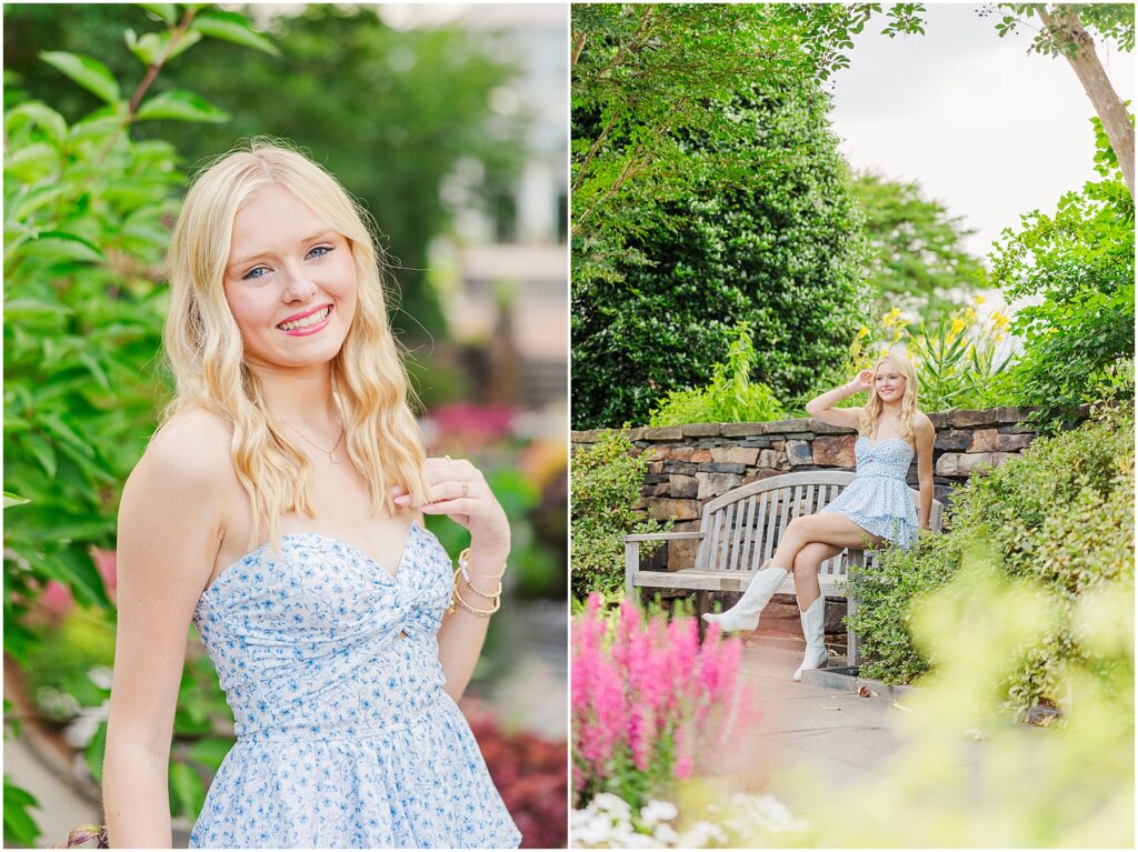 blue romper and white cowgirl boots at pond at Lewis Ginter Botanical Gardens for a summer senior session