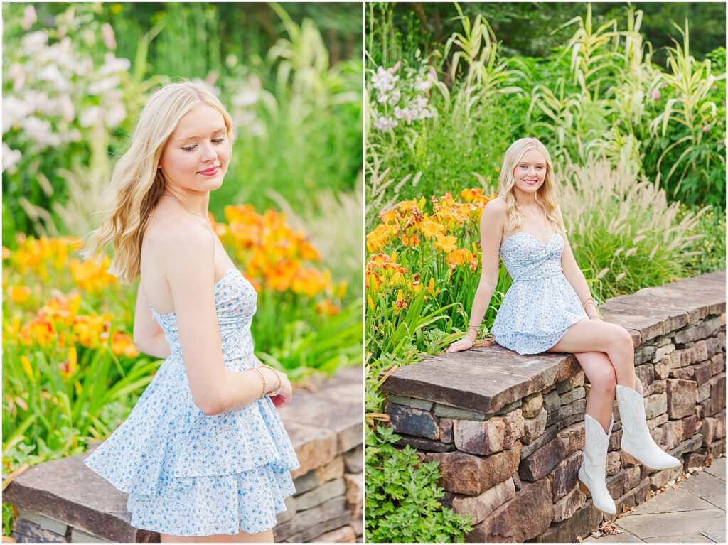 blue romper and white cowgirl boots at pond at Lewis Ginter Botanical Gardens for a summer senior session