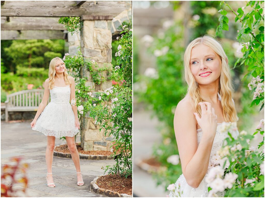 white dress and pink heels for a princess vibe at the rose garden in Lewis Ginter Botanical Gardens for a summer senior session