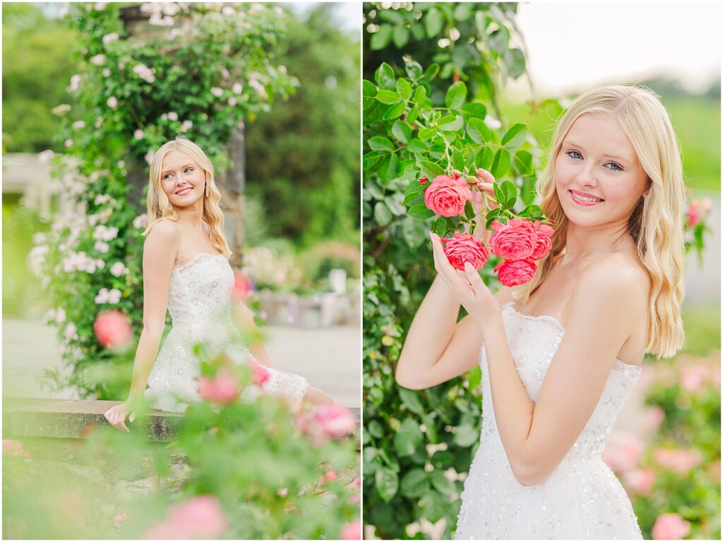 white dress and pink heels for a princess vibe at the rose garden in Lewis Ginter Botanical Gardens for a summer senior session