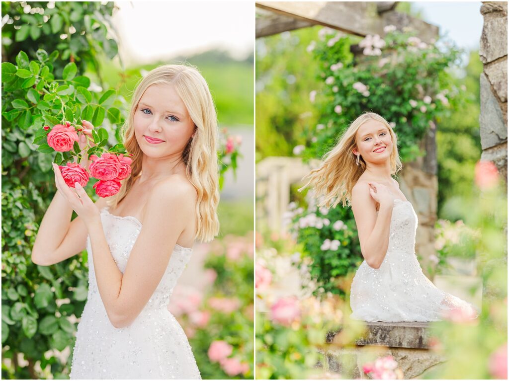 white dress and pink heels for a princess vibe at the rose garden in Lewis Ginter Botanical Gardens for a summer senior session