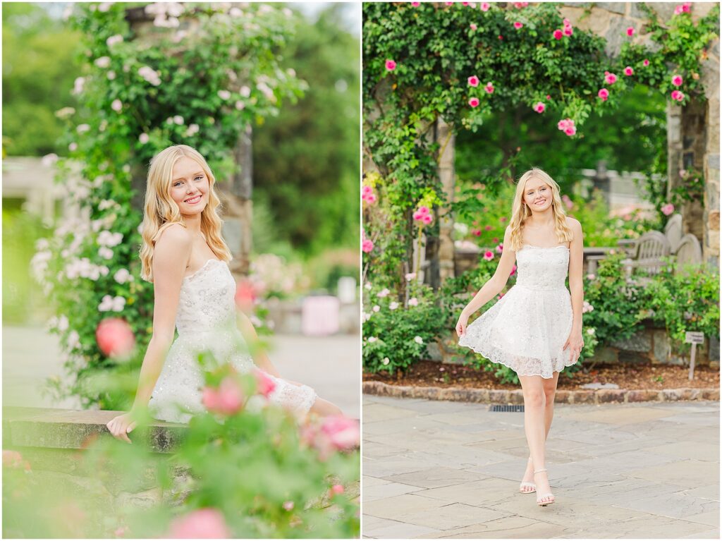 white dress and pink heels for a princess vibe at the rose garden in Lewis Ginter Botanical Gardens for a summer senior session