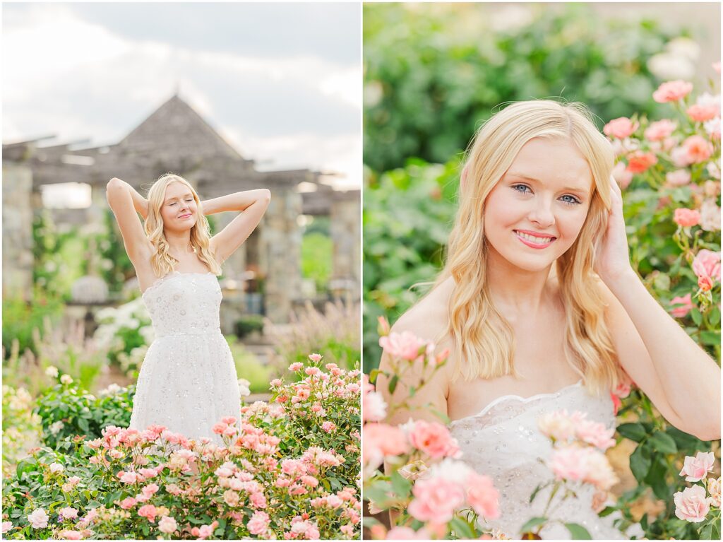 white dress and pink heels for a princess vibe at the rose garden in Lewis Ginter Botanical Gardens for a summer senior session