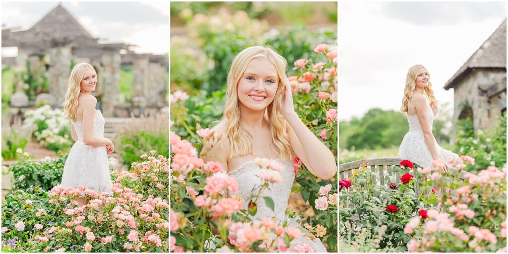 white dress and pink heels for a princess vibe at the rose garden in Lewis Ginter Botanical Gardens for a summer senior session