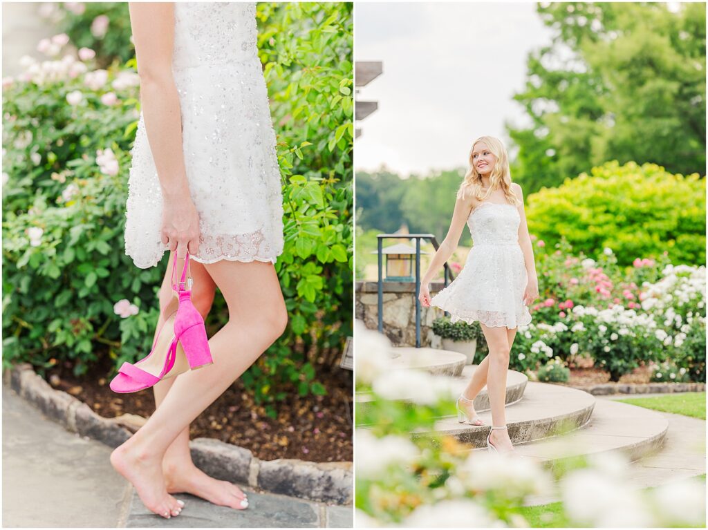 white dress and pink heels for a princess vibe at the rose garden in Lewis Ginter Botanical Gardens for a summer senior session