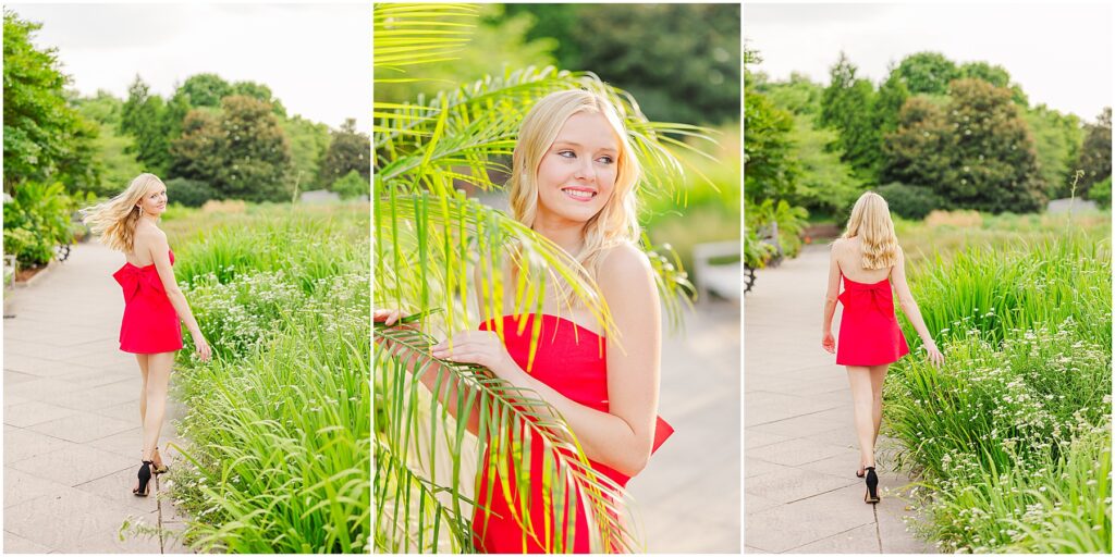 red dress with bow at the conservatory at Lewis Ginter Botanical Gardens for a summer senior session