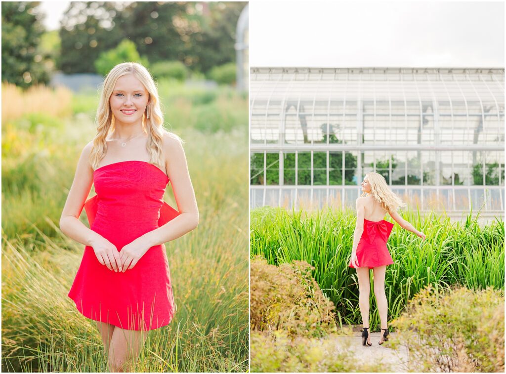 red dress with bow at the conservatory at Lewis Ginter Botanical Gardens for a summer senior session