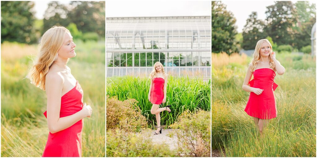 red dress with bow at the conservatory at Lewis Ginter Botanical Gardens for a summer senior session