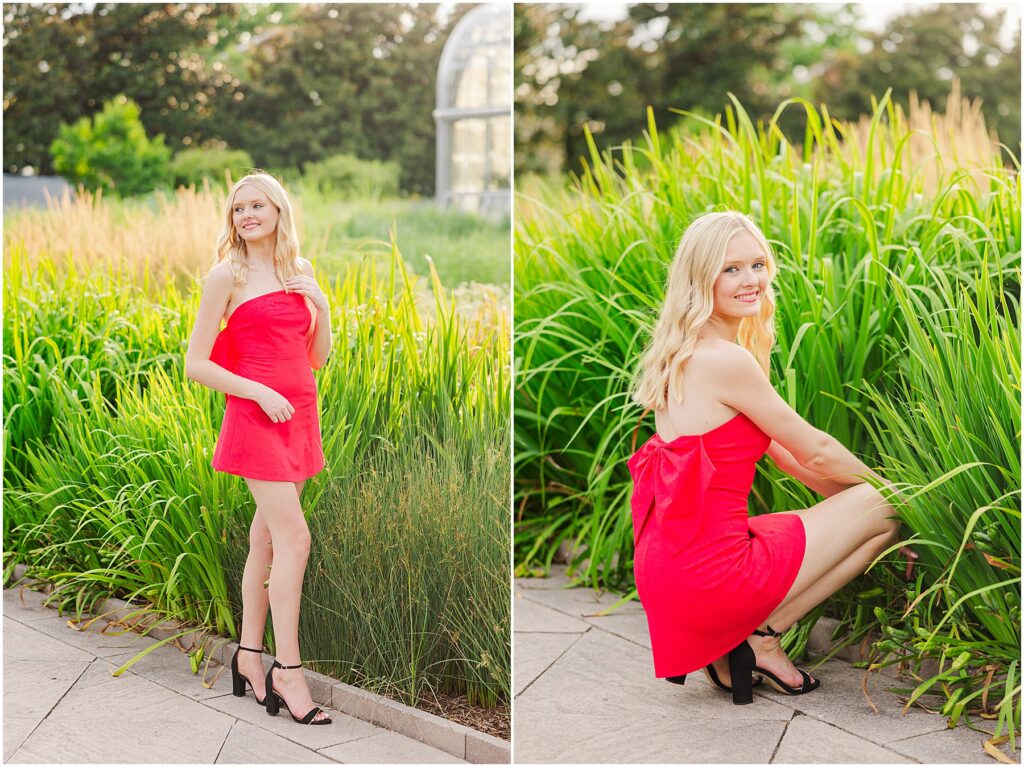 red dress with bow at the conservatory at Lewis Ginter Botanical Gardens for a summer senior session