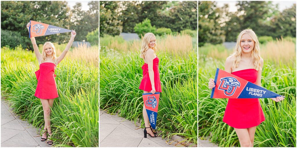 red dress with bow at the conservatory at Lewis Ginter Botanical Gardens for a summer senior session