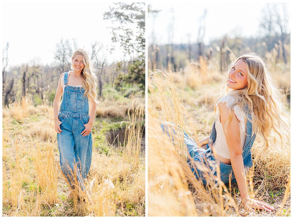 Asia's senior session at Swannanoa wearing overalls in the field