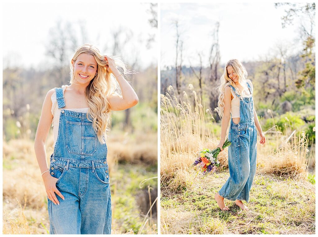 Asia's senior session at Swannanoa wearing overalls in the field