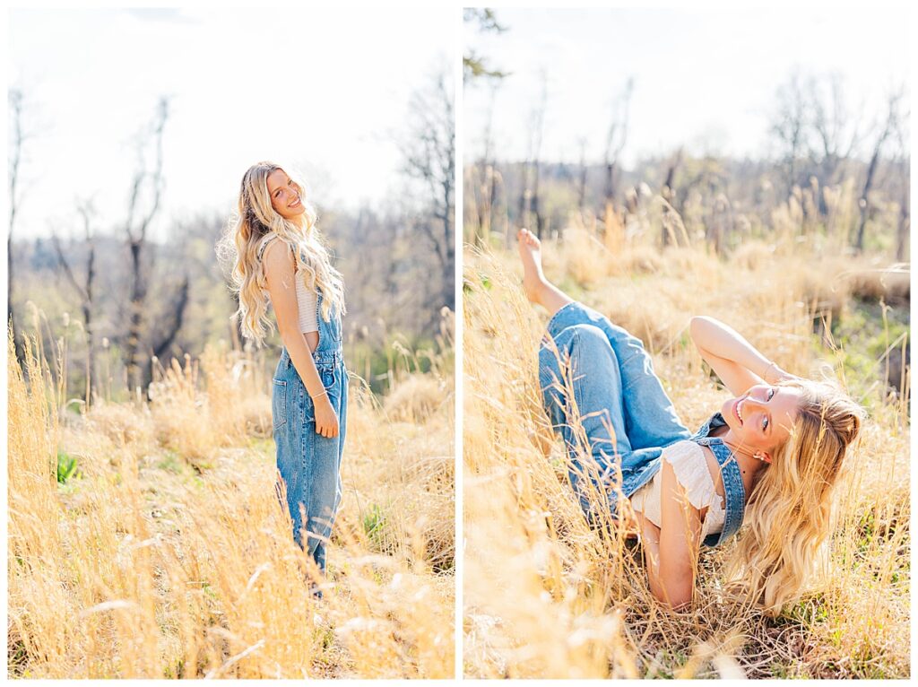 Asia's senior session at Swannanoa wearing overalls in the field