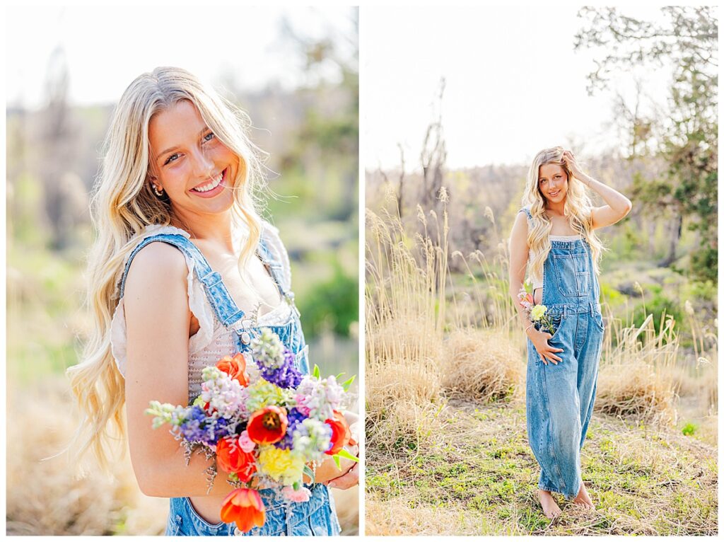 Asia's senior session at Swannanoa wearing overalls in the field