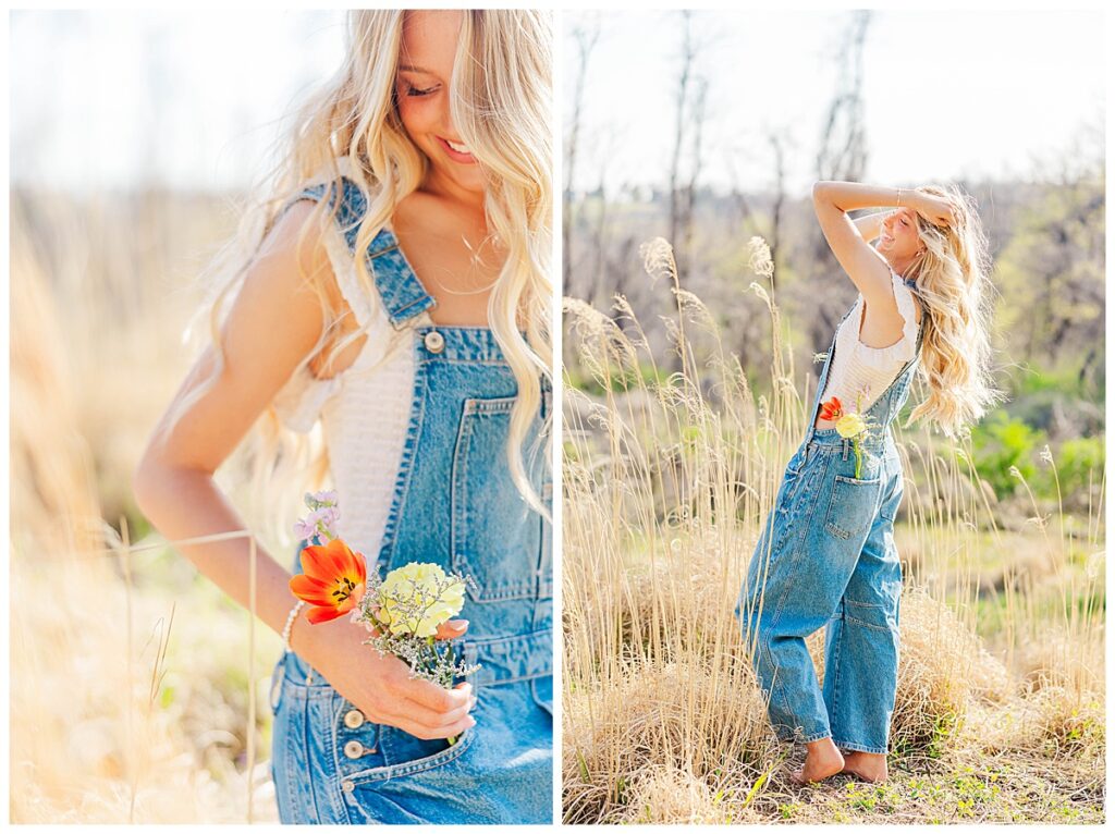 Asia's senior session at Swannanoa wearing overalls in the field