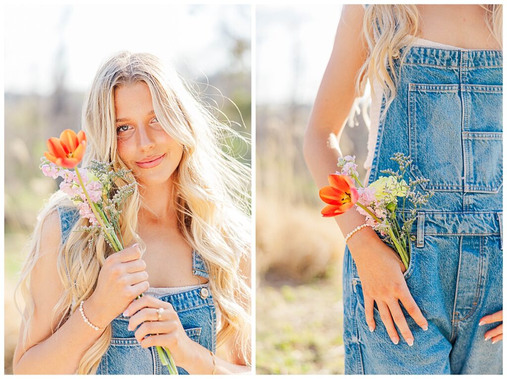 Asia's senior session at Swannanoa wearing overalls in the field
