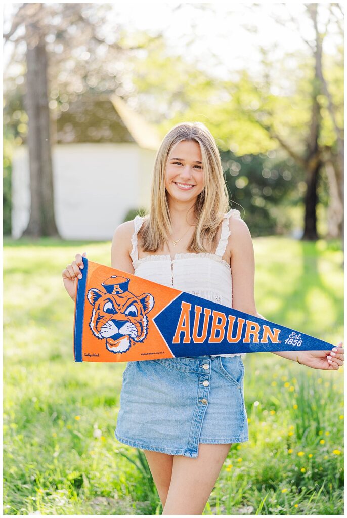 St. Catherine's senior session at Historic Tuckahoe | Auburn University pennant