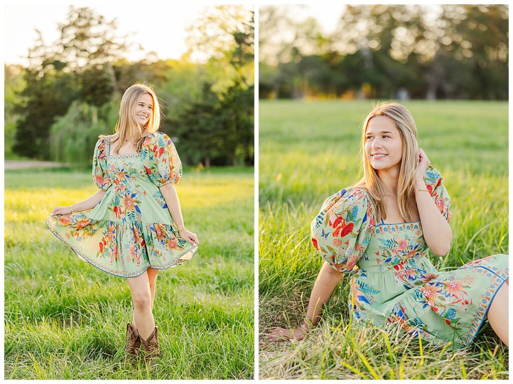 sunset senior pictures in Farm Rio dress at Historic Tuckahoe