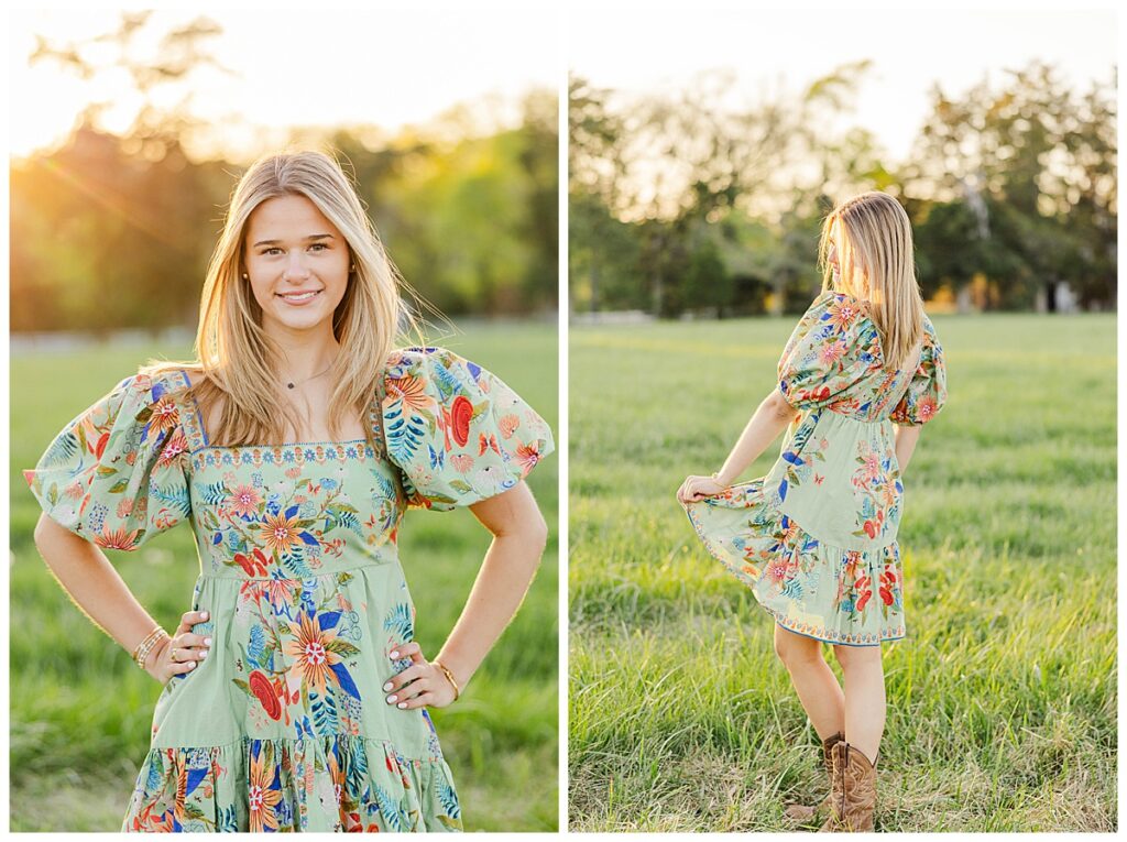 sunset senior pictures in Farm Rio dress at Historic Tuckahoe