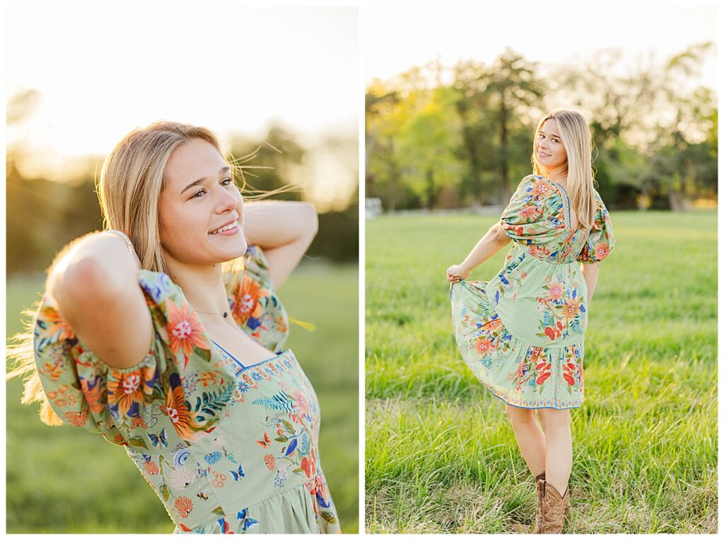 sunset senior pictures in Farm Rio dress at Historic Tuckahoe