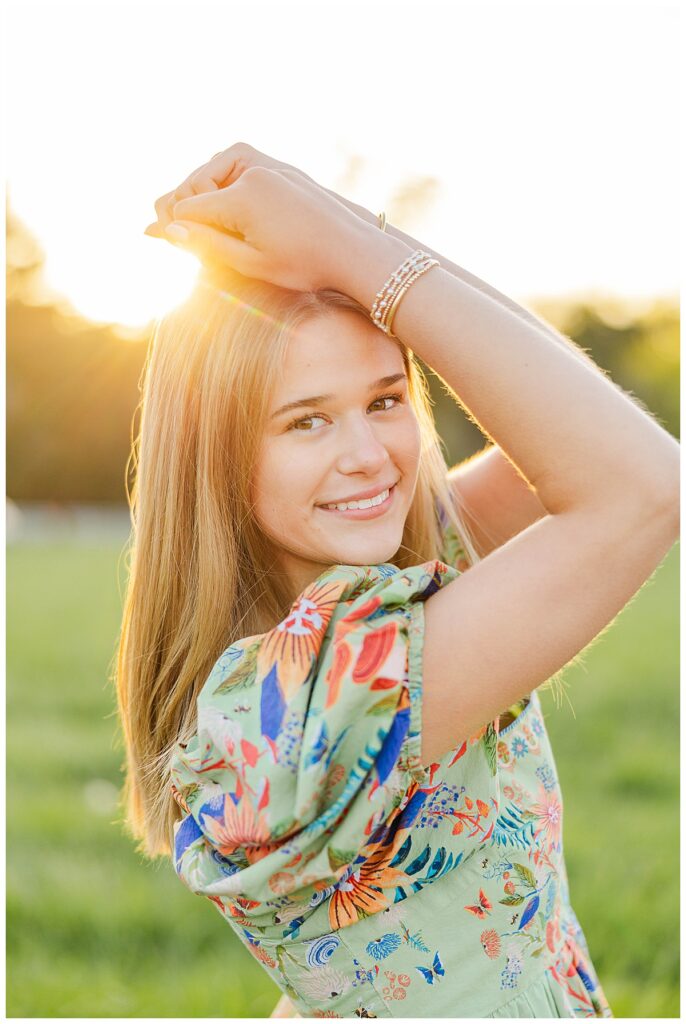 sunset senior pictures in Farm Rio dress at Historic Tuckahoe