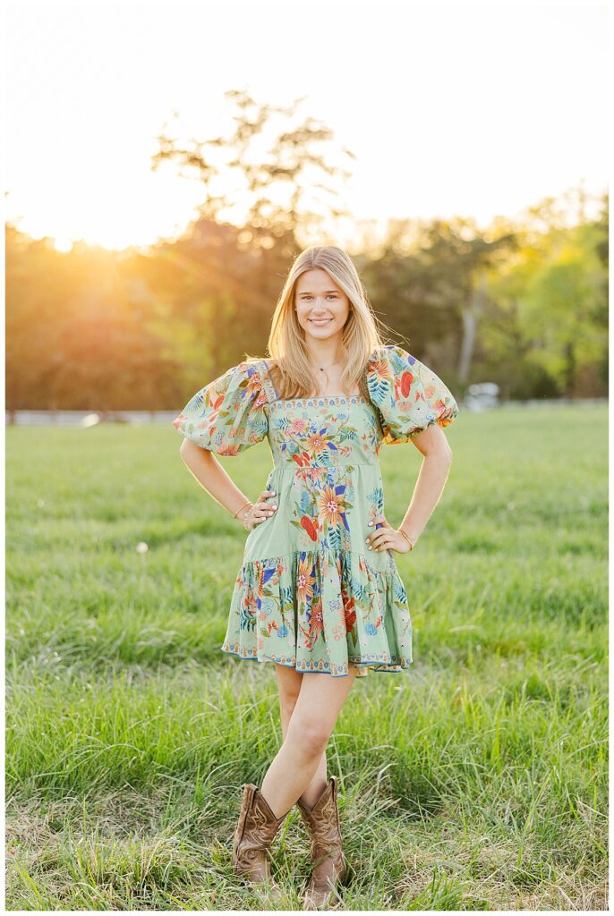 sunset senior pictures in Farm Rio dress at Historic Tuckahoe