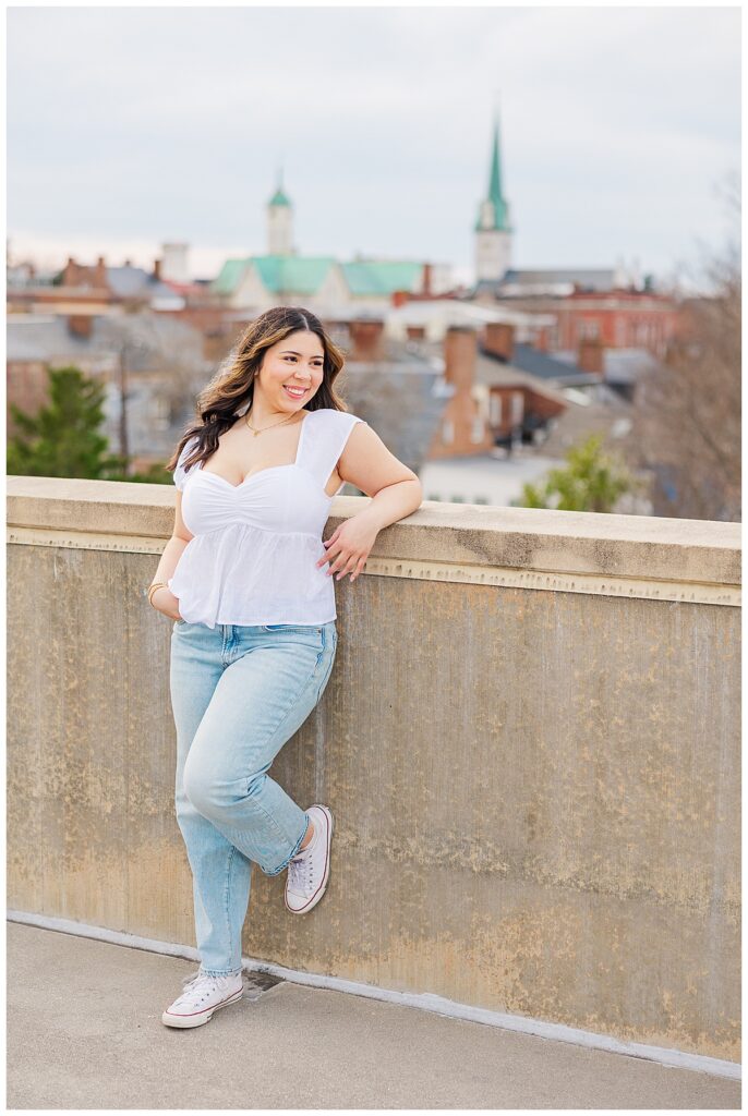 urban senior session rooftop view of downtown fredericksburg