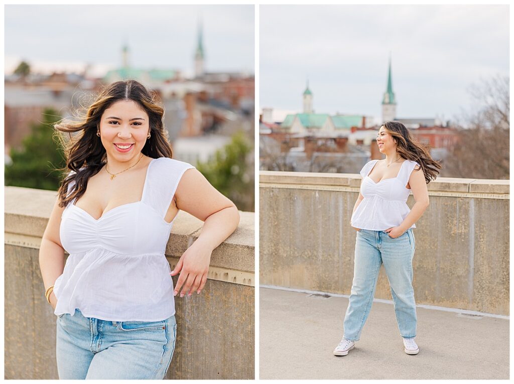 urban senior session rooftop view of downtown fredericksburg