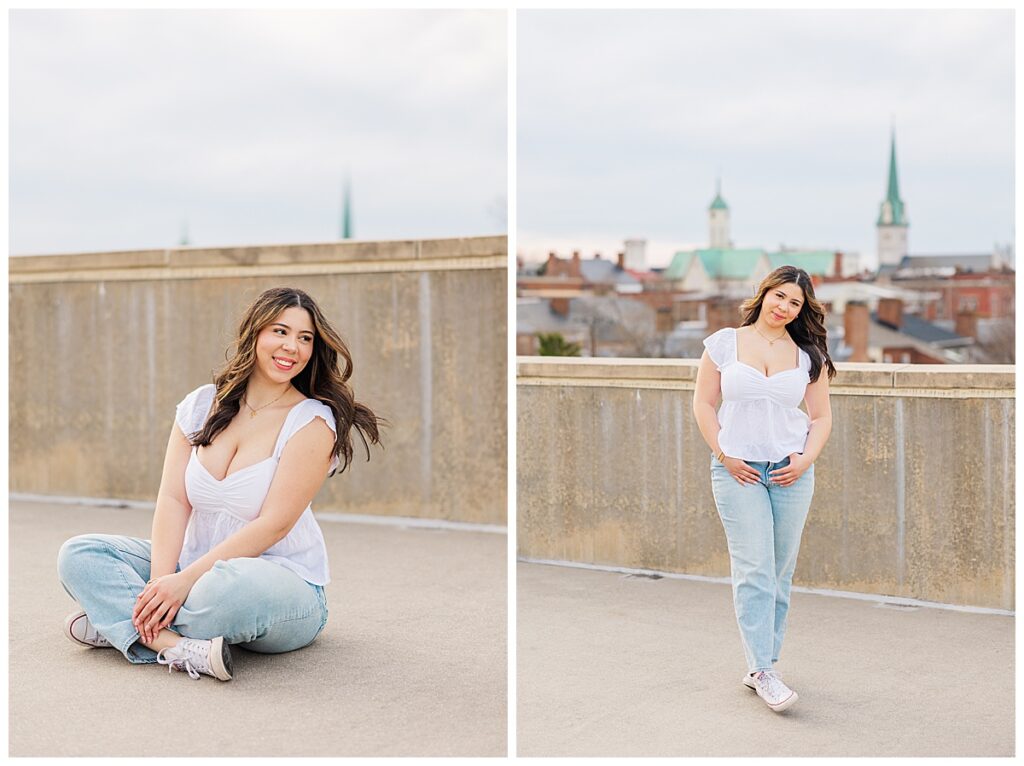 urban senior session rooftop view of downtown fredericksburg